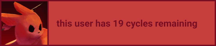 a userbox with a red background and has an image of the hunter from rain world in the side box, the text in the middle reads "this user has 19 cycles remaining"